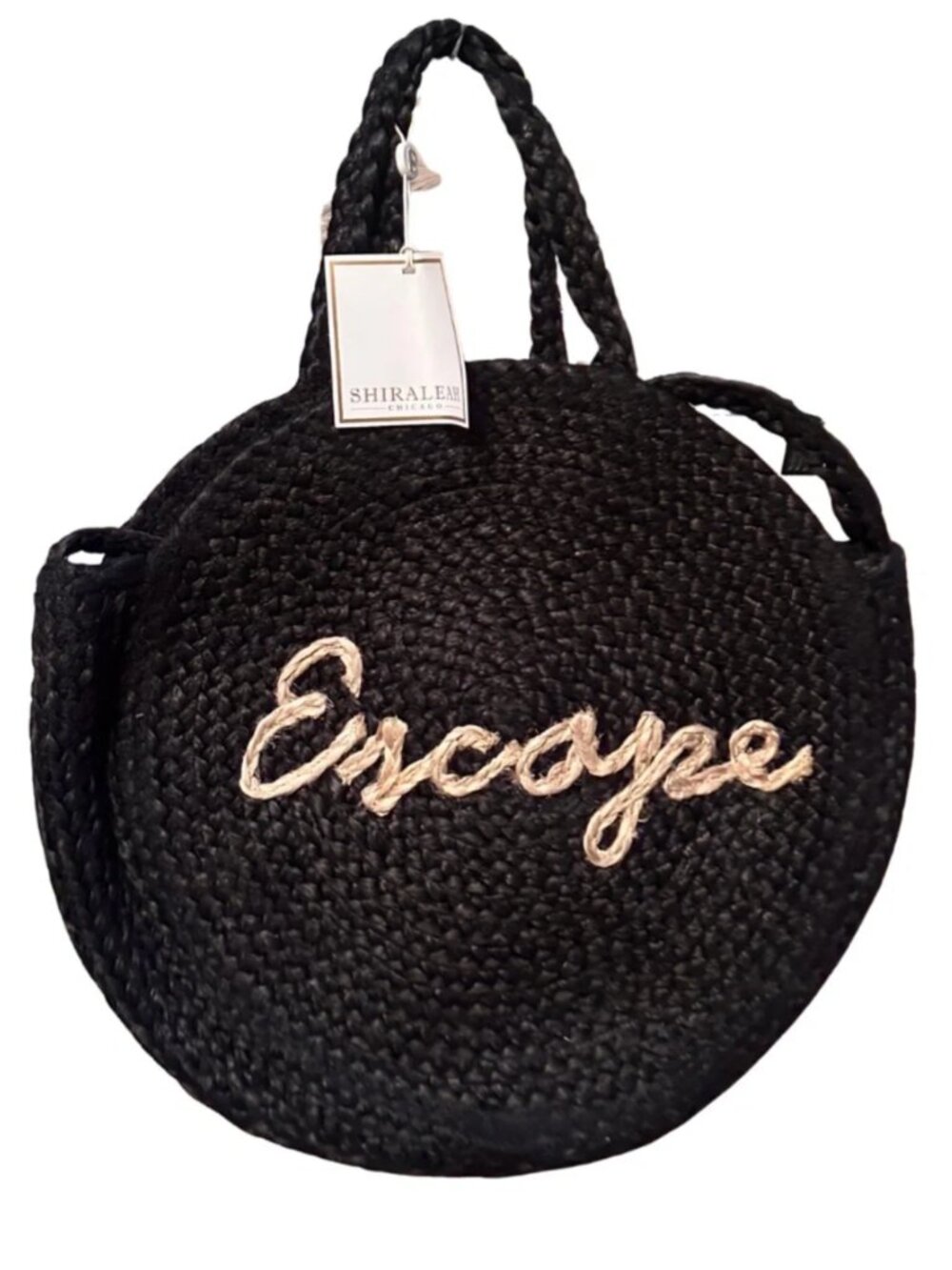 NEW Shiraleah Natural Woven Jute Bag Black Escape Vacation Beach‎ Circle Tote